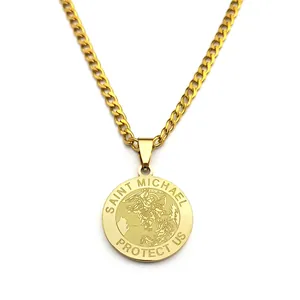 Gold Saint Michael pendant necklace with stainless steel curb chain for men and women
