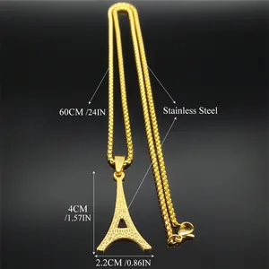 Collar con colgante de Torre Eiffel en acero inoxidable dorado con medidas y cadena