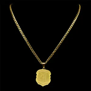 Goldener St. Michael Erzengel-Schildanhänger an Panzerkette mit Schutzengel-Gravur