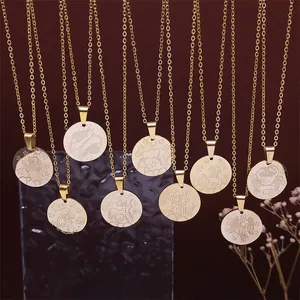 Stainless Steel Twelve Zodiac Constellation Round Pendant Necklace Gold Silver Laser Engraved Unisex Jewelry Gift