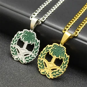 Saudi Arabia Coat Of Arms Stainless Steel Pendant Necklace Gold Silver Plated Enamel Palm Tree Crossed Swords Curb Chain Jewelry