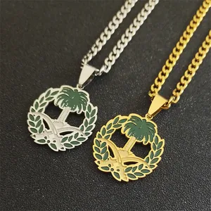 Saudi Arabian emblem necklace in gold and silver finish with green laurel wreath