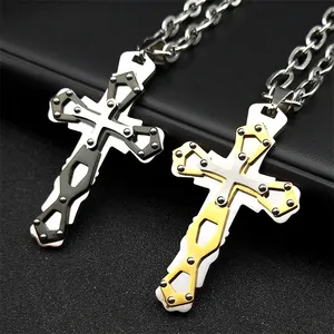 Collares con colgante de cruz de estilo industrial mecánico de acero inoxidable