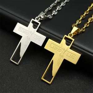 Collares con colgante de cruz de Jesús en acero inoxidable dorado y plateado HipHop