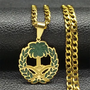 Detail of gold-tone Saudi Arabia emblem pendant with palm tree and crossed swords on a chain
