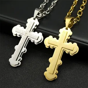 Collar de cruz Hip Hop de acero inoxidable con grabado de la oración del Padre Nuestro