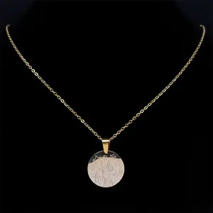 Gold stainless steel Aquarius constellation coin necklace on black display stand