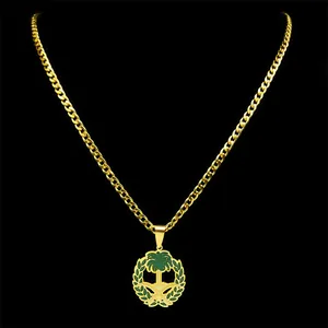 Gold stainless steel Cuban link necklace with Saudi emblem palm and sword pendant