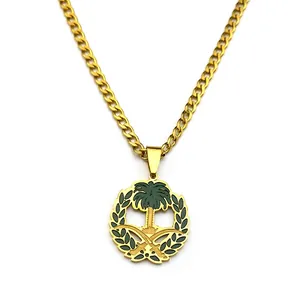 Gold stainless steel Saudi Arabia emblem pendant necklace with green enamel details