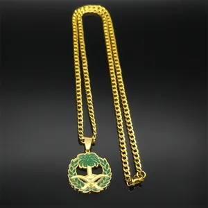 Detailed macro view of Saudi Arabia national emblem pendant with green palm and swords