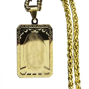 Collana con ciondolo Maria quadrata dorata con catena spiga lucida per uomo e donna