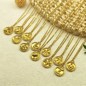 Collier Zodiaque en Acier Inoxydable pour Femme Plaqué Or Relief Rond Pièce Constellation Pendentif Étoile Bijoux de Mode