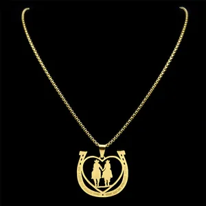 Golden horseshoe heart pendant necklace with engraved romantic quote and riding silhouette