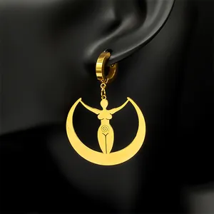 Gold moon goddess drop earrings in stainless steel on black display mannequin