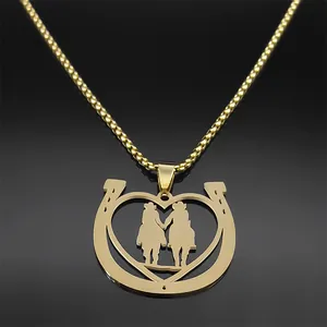 Golden stainless steel horseshoe necklace with heart cutout and equestrian silhouettes