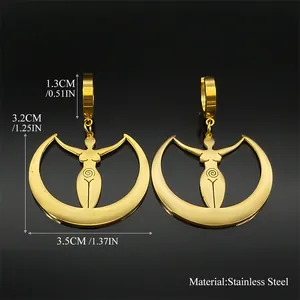 Golden moon goddess swirl earrings in stainless steel with polished finish and dimensions
