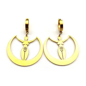 Gold moon swirl goddess earrings made of stainless steel with bright polished finish