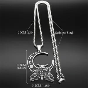 Collier gothique en acier inoxydable avec pendentif lune et papillon de nuit mort
