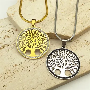 Collier Pendentif Arbre de Vie en Acier Inoxydable Vintage Français Avec Cercle en Strass Chaîne Serpent Bijoux Femme