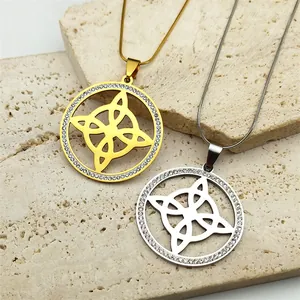 Witch's Knot Stainless Steel Necklace For Women Round Celtic Knot Pendant Necklace Rhinestone Inlaid Gothic Jewelry Gift