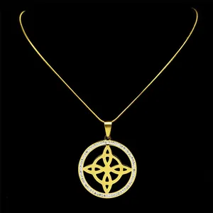 Gold-plated stainless steel Celtic knot pendant necklace with sparkling crystal circle