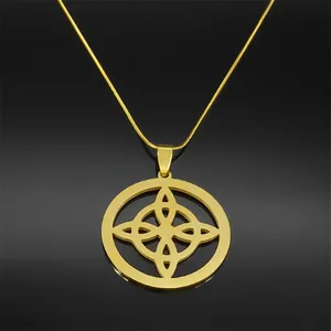 Gold stainless steel necklace featuring a circular Witch's Knot pendant with sleek mirror reflection