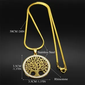 Collier pendentif arbre de vie en acier doré avec strass et chaîne serpent de 50 cm