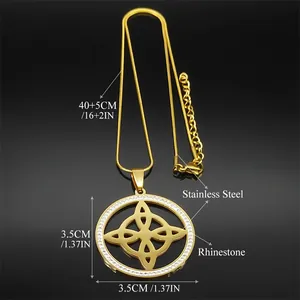 Gold stainless steel witch knot necklace with rhinestones, 40+5cm snake chain