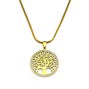 Collier Arbre de Vie doré avec pendentif ajouré et bordure en cristaux scintillants