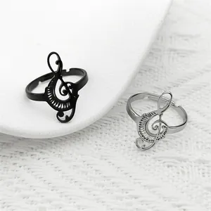 Stainless Steel Music Note Treble Clef Open Ring Adjustable Hollow Out Vintage Finger Ring Jewelry For Women Men Musicians Gift