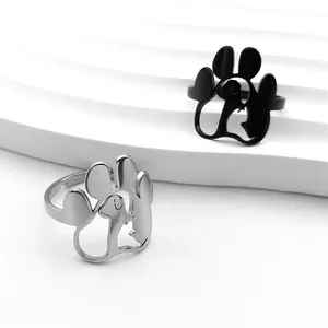 Verstellbare hohle Hundepfotenringe aus Edelstahl in Silber und Schwarz mit Katzendesign
