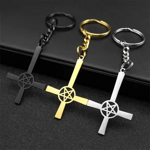 Gothic Inverted Cross Pentagram Keychain Stainless Steel Punk Bag Accessory For Men Women Gold Silver Black Metal Pendant