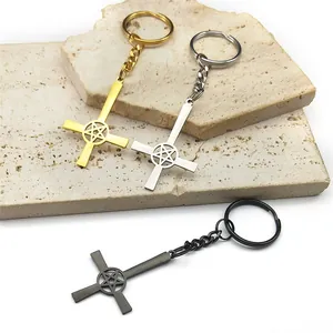Gothic metal cross keychains with pentagram star pendant in gold, silver, and black