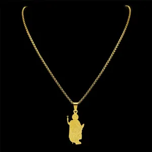 Gold stainless steel box chain necklace with religious saint pendant for men