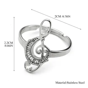Minimalist stainless steel treble clef open ring with adjustable music note design