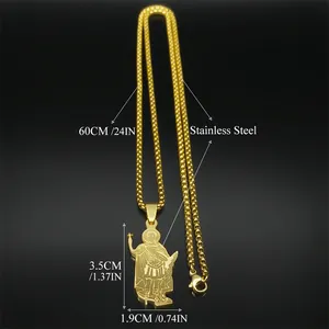 Golden stainless steel religious pendant necklace with detailed armor figure on bead chain