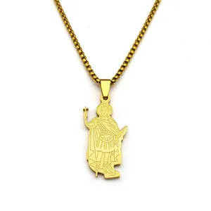 Polished gold saint pendant with cross on a stainless steel box chain necklace