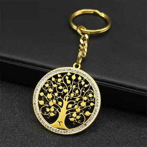 Nahaufnahme vom goldenen Lebensbaum Schlüsselanhänger mit Strass und Widder Symbol