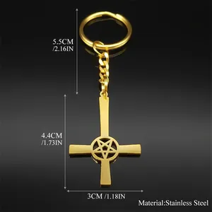 Gold stainless steel inverted cross and pentagram keychain with precise measurements