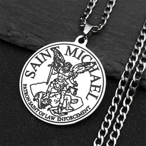 Collar con Colgante del Arcángel San Miguel Acero Inoxidable Cadena de Eslabones Medalla Santo Patrón de la Policía Joyería para Hombre