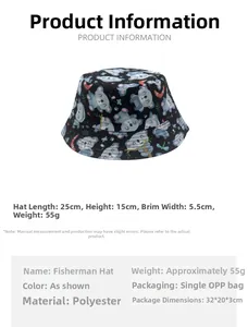 Size specifications and material details for the double-sided cartoon koala bucket hat
