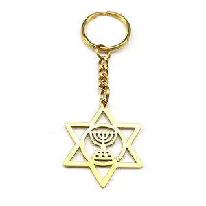 Golden stainless steel keychain with hollow Star of David and Menorah symbol