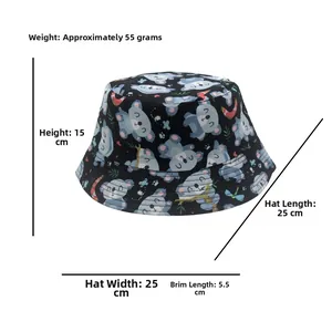 Detailed size specifications for kids' black bucket hat with cute koala and rainbow print