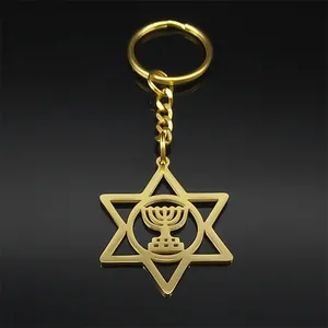 Detailed close-up of golden hollow hexagram pendant with menorah engraving on keychain
