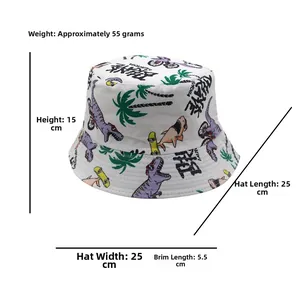Dimensiones detalladas del sombrero de pescador de algodón blanco con dinosaurios