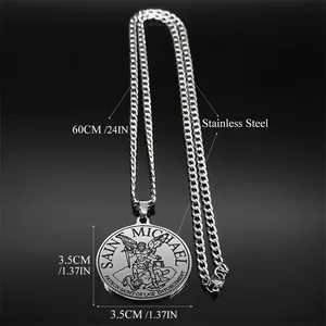 Colgante medalla de San Miguel Arcángel de acero inoxidable con cadena de 60cm