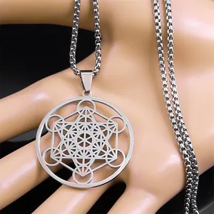 Metatron's Cube stainless steel geometric pendant necklace with silver box chain