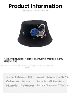 Kids black astronaut bucket hat dimensions 25x15x5.5cm with durable polyester material