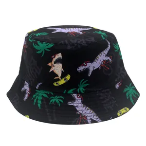 Kids black bucket hat with cartoon dinosaur and shark prints for outdoor sun protection