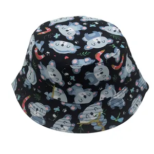 Detail of a black cotton bucket hat featuring colorful cartoon koala and boomerang prints